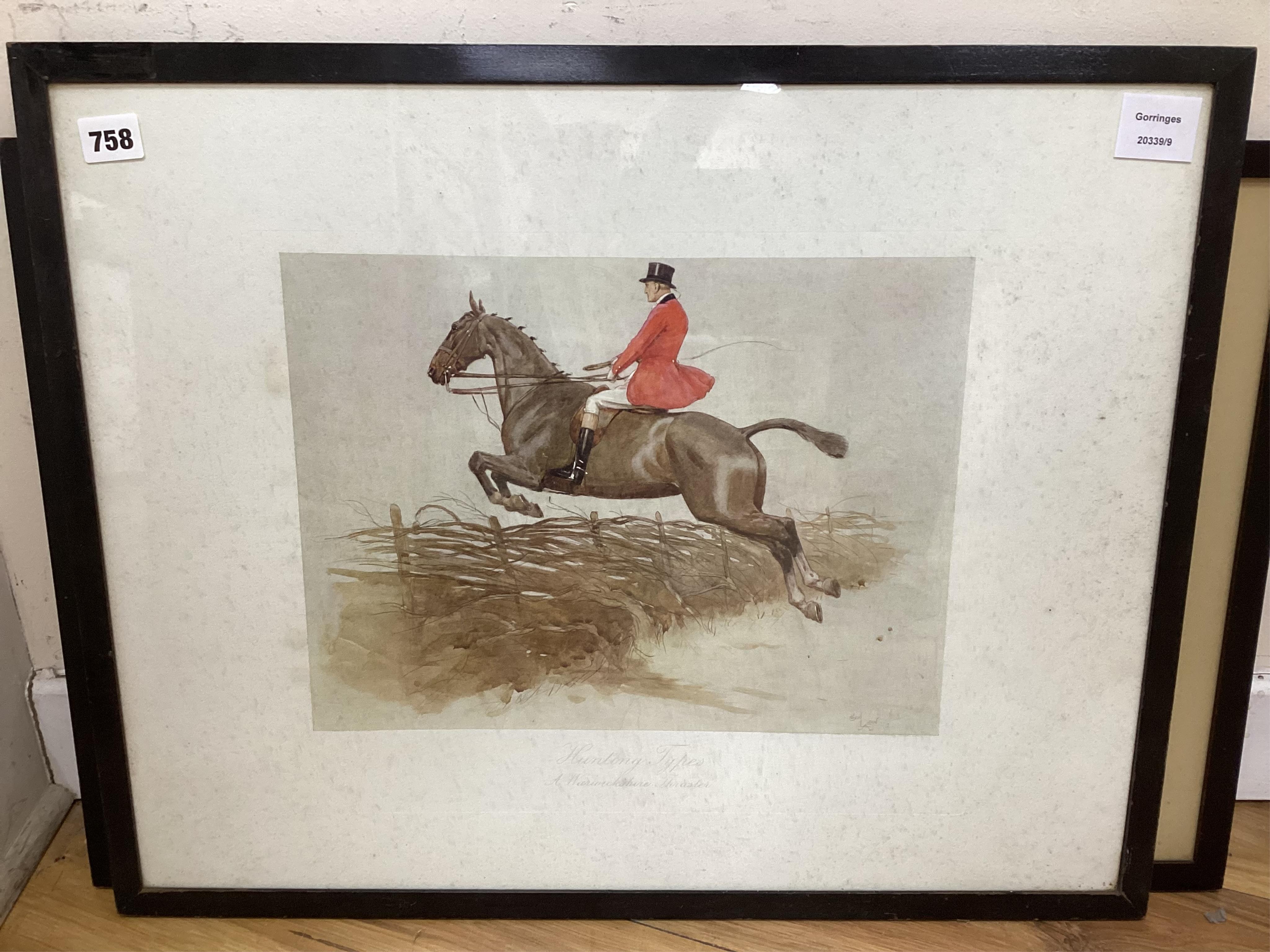 Four hunting interest prints after Snaffles, Munnings and Aldin to include ‘The Finest View in Europe’ and ‘The Huntsman’, largest 54 x 74cm